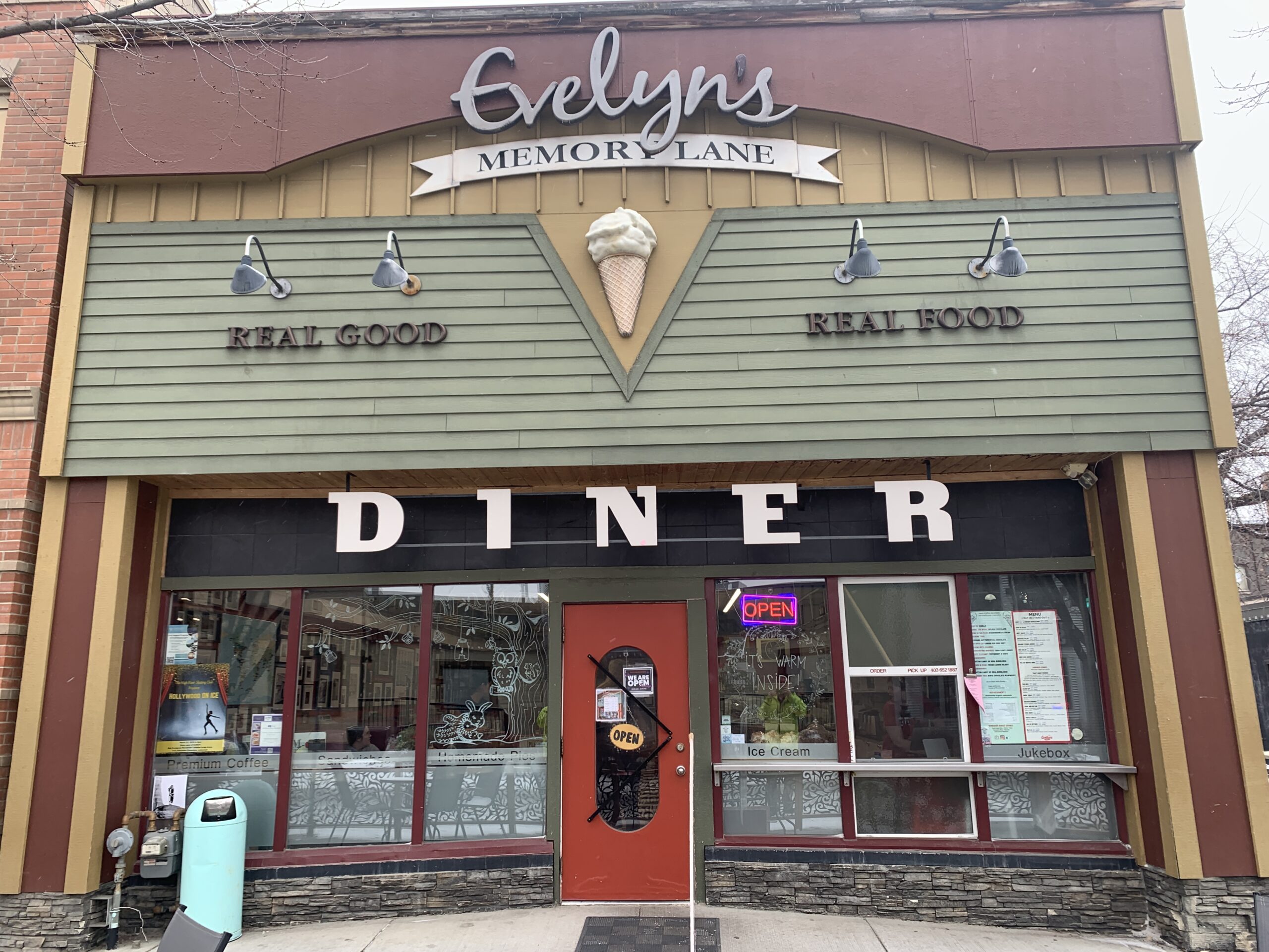 Evelyn's Memory Lane Cafe retro diner storefront in High River Alberta